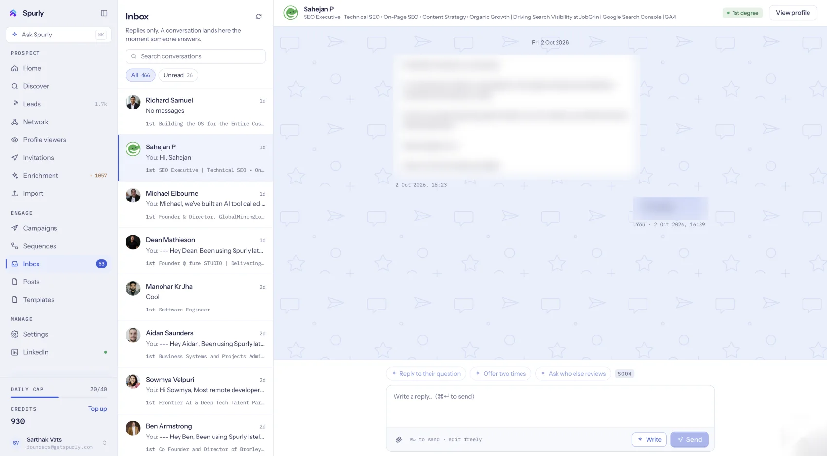 Spurly inbox with a conversation list, a message thread and a reply box with a Write button. The message text is blurred.
