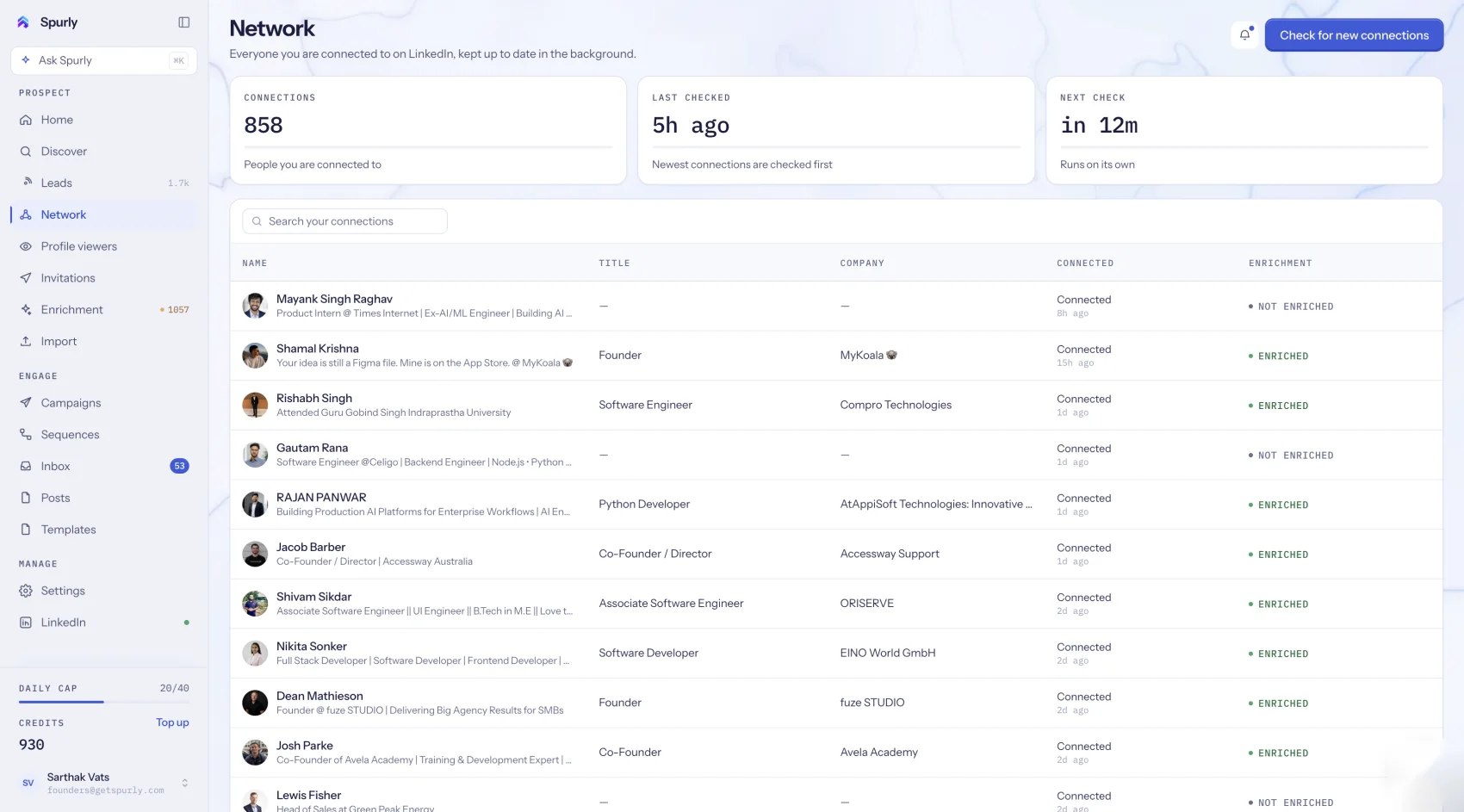 Spurly network page with the number of connections, when they were last checked and a table of your LinkedIn connections with title, company and enrichment status.